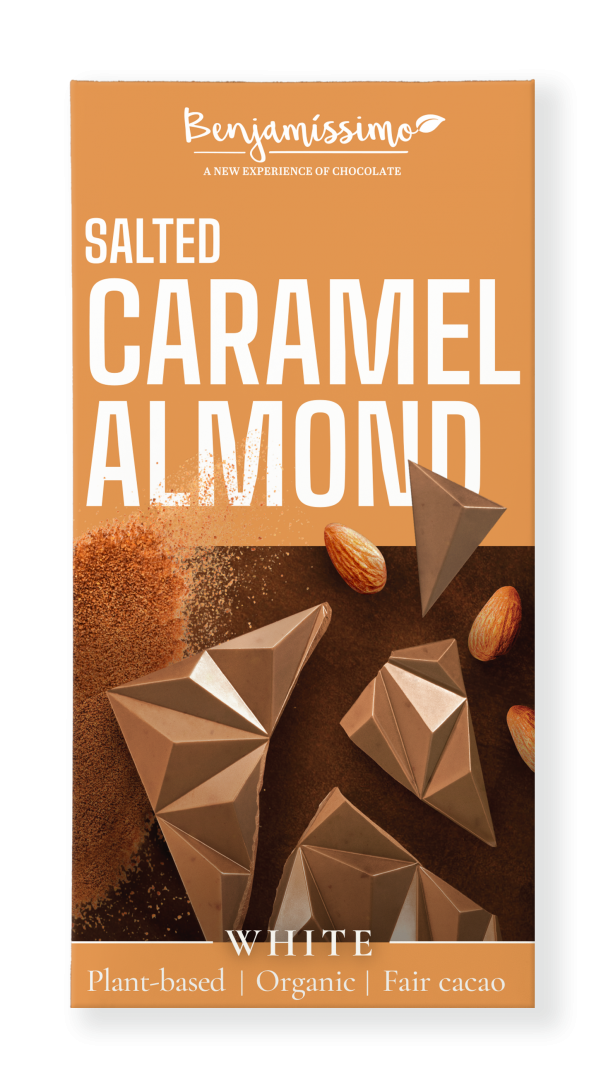 Ciocolata alba cu migdale si caramel sarat bio 60g Benjamissimo