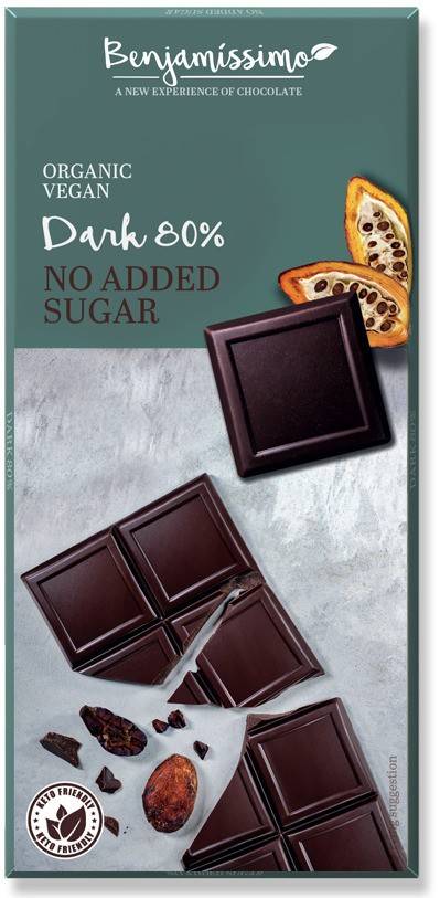 Ciocolata cu 80% cacao fara zahar adaugat bio, 70g, Benjamissimo                                    
