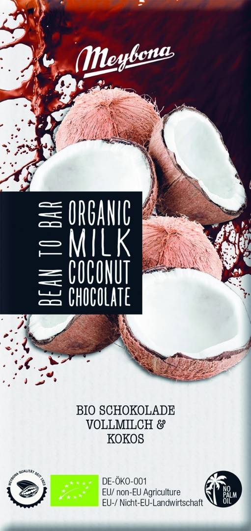 Ciocolata cu lapte si fulgi de cocos bio 100g Meybona